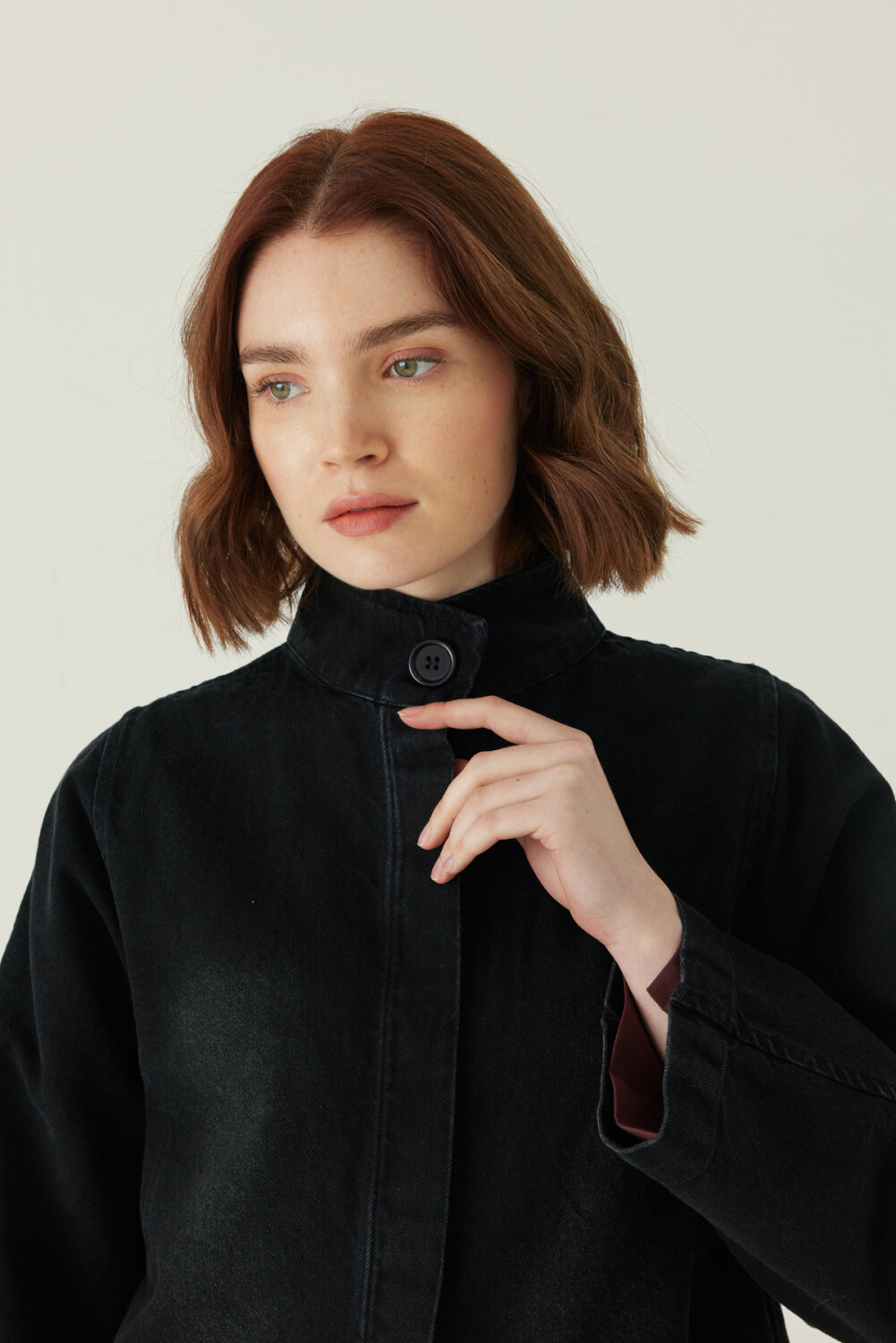 Yüksek Yaka Denim Ceket Siyah - 3