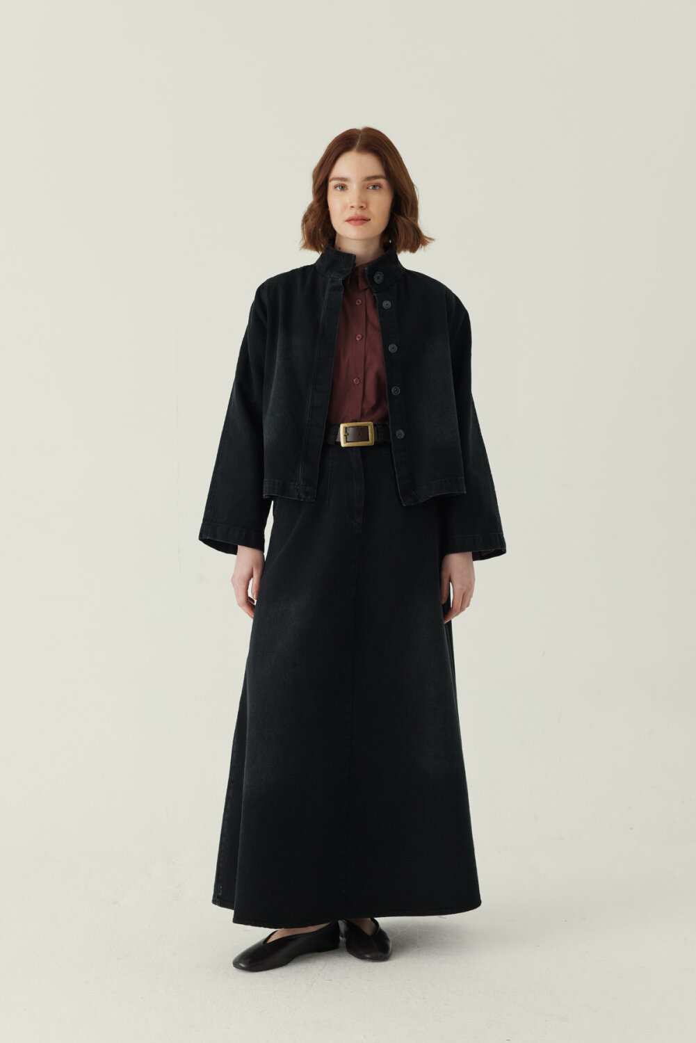 Yüksek Yaka Denim Ceket Siyah - 6